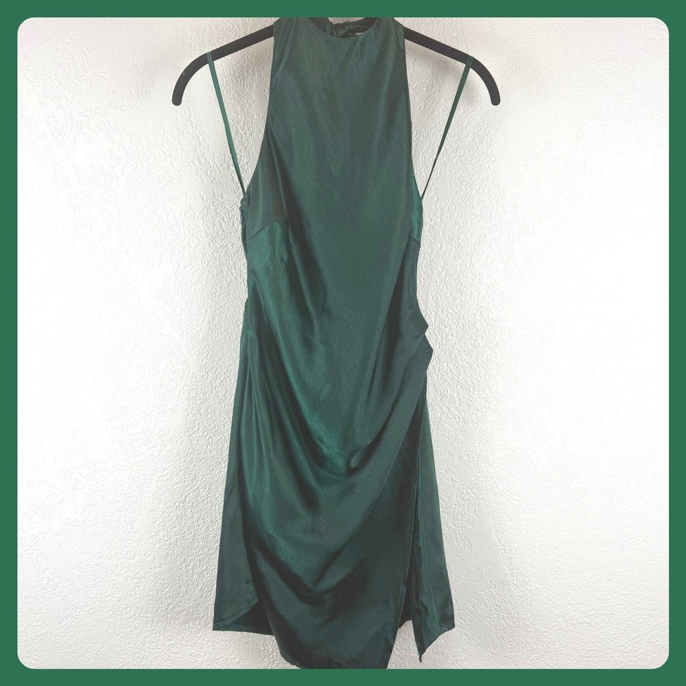 Selfie Leslie Satin Halter Bodycon Mini‎ Dress Jade Emerald Green Holiday Party